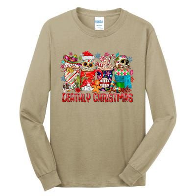 Deathly Christmas Sugar Skull And Coffee Cups Xmas Holiday Tall Long Sleeve T-Shirt