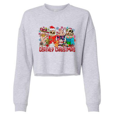 Deathly Christmas Sugar Skull And Coffee Cups Xmas Holiday Cropped Pullover Crew