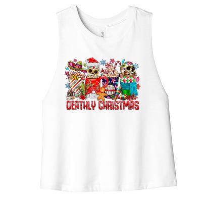 Deathly Christmas Sugar Skull And Coffee Cups Xmas Holiday Women's Racerback Cropped Tank