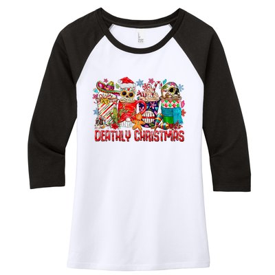 Deathly Christmas Sugar Skull And Coffee Cups Xmas Holiday Women's Tri-Blend 3/4-Sleeve Raglan Shirt