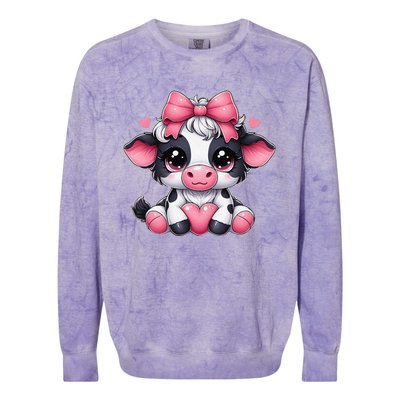 Dairy Cow Sitting Holding Heart Pin.K Coquette Bow Animal Colorblast Crewneck Sweatshirt