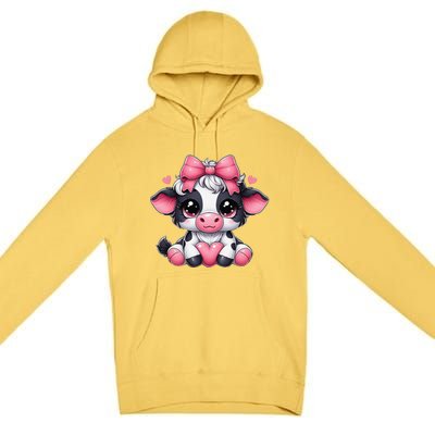 Dairy Cow Sitting Holding Heart Pin.K Coquette Bow Animal Premium Pullover Hoodie