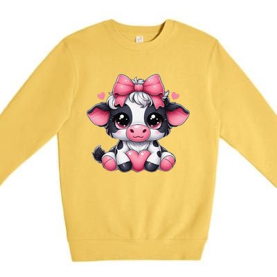 Dairy Cow Sitting Holding Heart Pin.K Coquette Bow Animal Premium Crewneck Sweatshirt