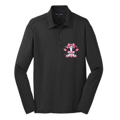 Dairy Cow Sitting Holding Heart Pin.K Coquette Bow Animal Silk Touch Performance Long Sleeve Polo