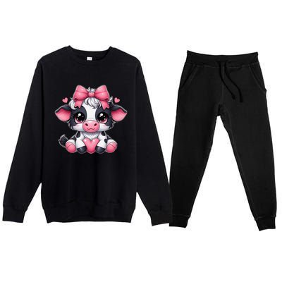 Dairy Cow Sitting Holding Heart Pin.K Coquette Bow Animal Premium Crewneck Sweatsuit Set