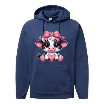 Dairy Cow Sitting Holding Heart Pin.K Coquette Bow Animal Performance Fleece Hoodie