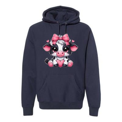 Dairy Cow Sitting Holding Heart Pin.K Coquette Bow Animal Premium Hoodie