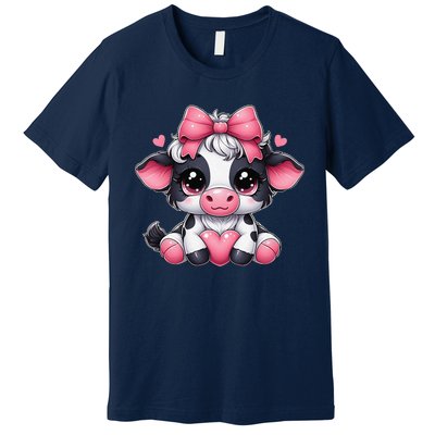 Dairy Cow Sitting Holding Heart Pin.K Coquette Bow Animal Premium T-Shirt