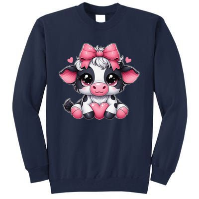 Dairy Cow Sitting Holding Heart Pin.K Coquette Bow Animal Tall Sweatshirt