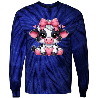 Dairy Cow Sitting Holding Heart Pin.K Coquette Bow Animal Tie-Dye Long Sleeve Shirt