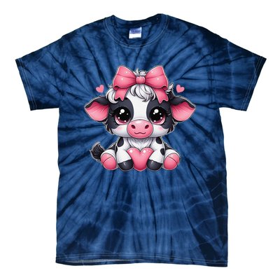 Dairy Cow Sitting Holding Heart Pin.K Coquette Bow Animal Tie-Dye T-Shirt