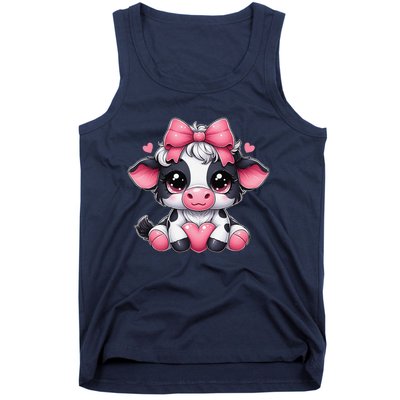 Dairy Cow Sitting Holding Heart Pin.K Coquette Bow Animal Tank Top