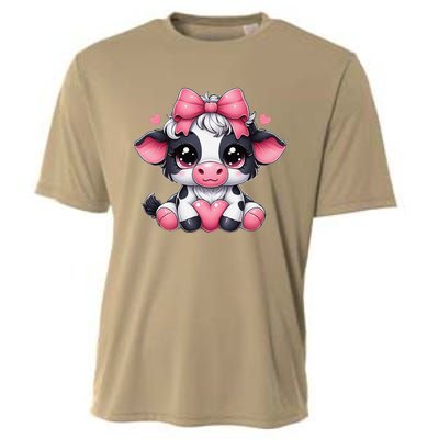 Dairy Cow Sitting Holding Heart Pin.K Coquette Bow Animal Cooling Performance Crew T-Shirt