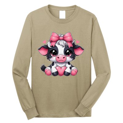 Dairy Cow Sitting Holding Heart Pin.K Coquette Bow Animal Long Sleeve Shirt