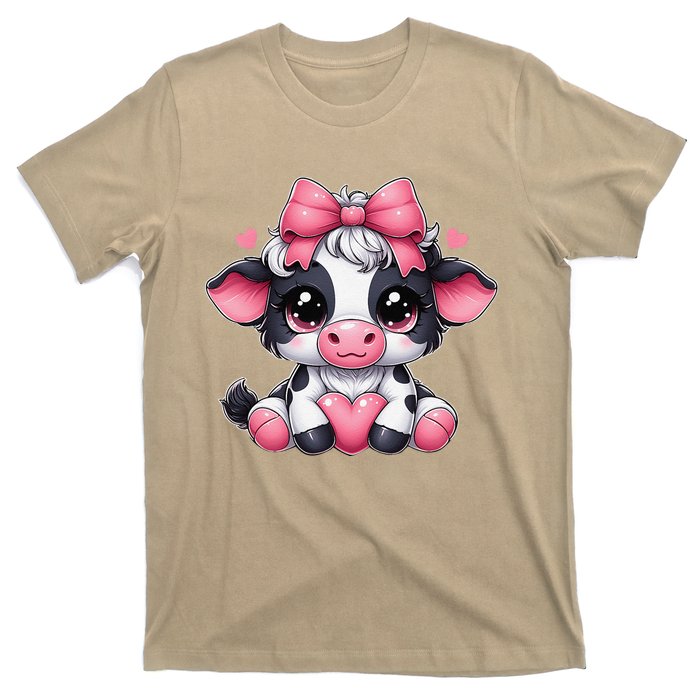 Dairy Cow Sitting Holding Heart Pin.K Coquette Bow Animal T-Shirt