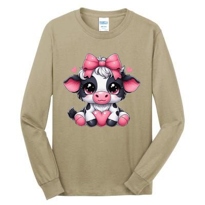 Dairy Cow Sitting Holding Heart Pin.K Coquette Bow Animal Tall Long Sleeve T-Shirt