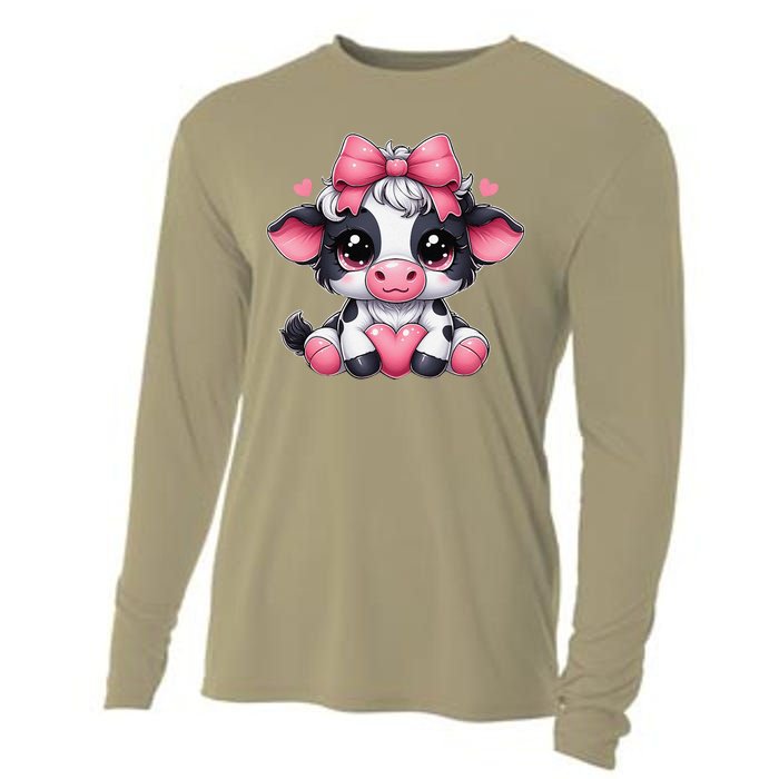 Dairy Cow Sitting Holding Heart Pin.K Coquette Bow Animal Cooling Performance Long Sleeve Crew