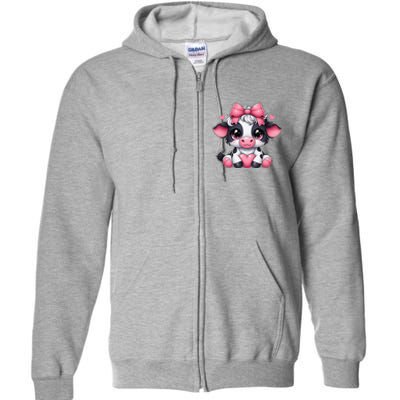 Dairy Cow Sitting Holding Heart Pin.K Coquette Bow Animal Full Zip Hoodie