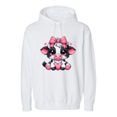 Dairy Cow Sitting Holding Heart Pin.K Coquette Bow Animal Garment-Dyed Fleece Hoodie