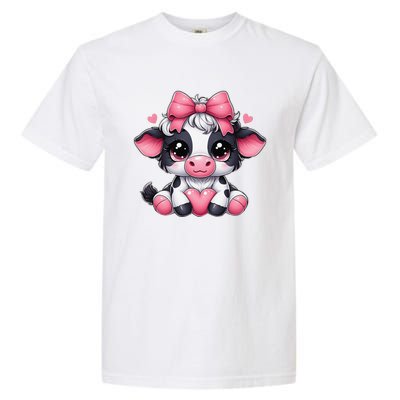 Dairy Cow Sitting Holding Heart Pin.K Coquette Bow Animal Garment-Dyed Heavyweight T-Shirt