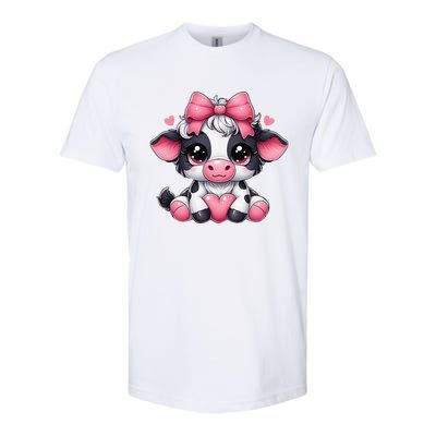 Dairy Cow Sitting Holding Heart Pin.K Coquette Bow Animal Softstyle CVC T-Shirt