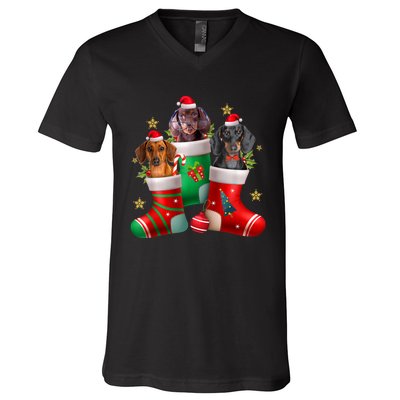 Dachshund Christmas Stocking Funny Xmas Dog Lover V-Neck T-Shirt