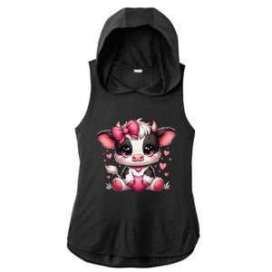 Dairy Cow Sitting Holding Heart Pin.K Coquette Bow Animal Ladies PosiCharge Tri-Blend Wicking Draft Hoodie Tank