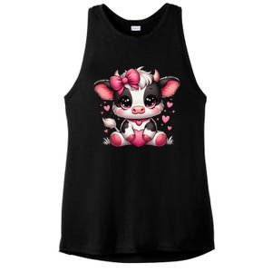 Dairy Cow Sitting Holding Heart Pin.K Coquette Bow Animal Ladies PosiCharge Tri-Blend Wicking Tank