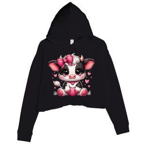 Dairy Cow Sitting Holding Heart Pin.K Coquette Bow Animal Crop Fleece Hoodie