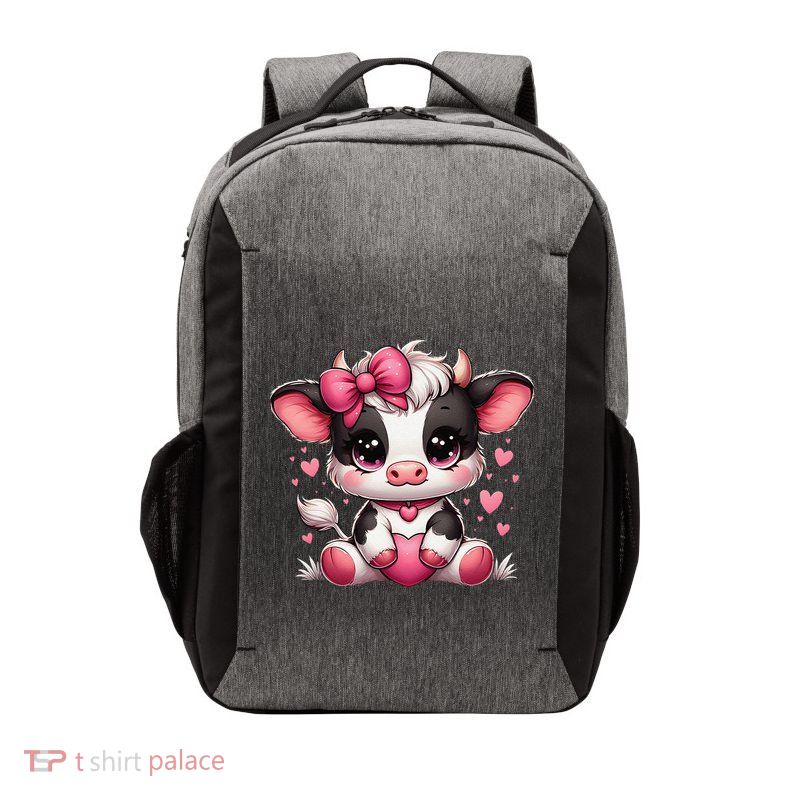 Dairy Cow Sitting Holding Heart Pin.K Coquette Bow Animal Vector Backpack