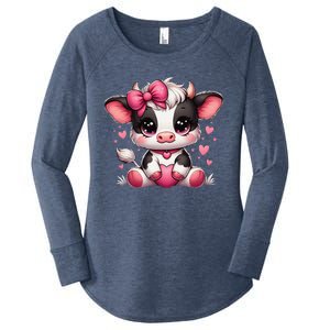 Dairy Cow Sitting Holding Heart Pin.K Coquette Bow Animal Women's Perfect Tri Tunic Long Sleeve Shirt