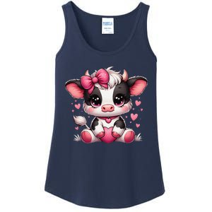 Dairy Cow Sitting Holding Heart Pin.K Coquette Bow Animal Ladies Essential Tank