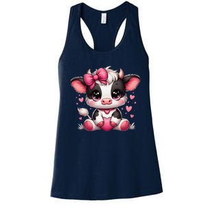 Dairy Cow Sitting Holding Heart Pin.K Coquette Bow Animal Women's Racerback Tank