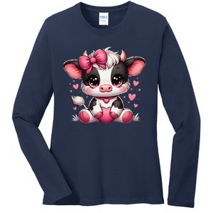 Dairy Cow Sitting Holding Heart Pin.K Coquette Bow Animal Ladies Long Sleeve Shirt