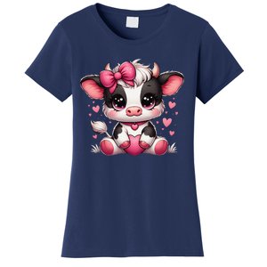 Dairy Cow Sitting Holding Heart Pin.K Coquette Bow Animal Women's T-Shirt