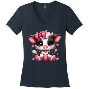 Dairy Cow Sitting Holding Heart Pin.K Coquette Bow Animal Women's V-Neck T-Shirt