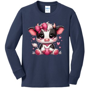 Dairy Cow Sitting Holding Heart Pin.K Coquette Bow Animal Kids Long Sleeve Shirt