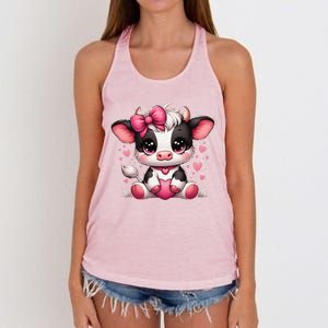 Dairy Cow Sitting Holding Heart Pin.K Coquette Bow Animal Women's Knotted Racerback Tank