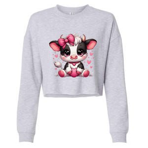 Dairy Cow Sitting Holding Heart Pin.K Coquette Bow Animal Cropped Pullover Crew