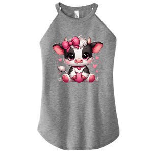 Dairy Cow Sitting Holding Heart Pin.K Coquette Bow Animal Women's Perfect Tri Rocker Tank