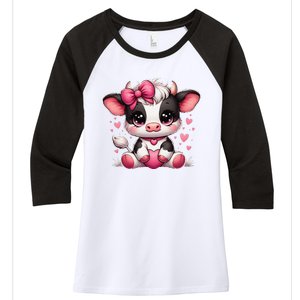 Dairy Cow Sitting Holding Heart Pin.K Coquette Bow Animal Women's Tri-Blend 3/4-Sleeve Raglan Shirt