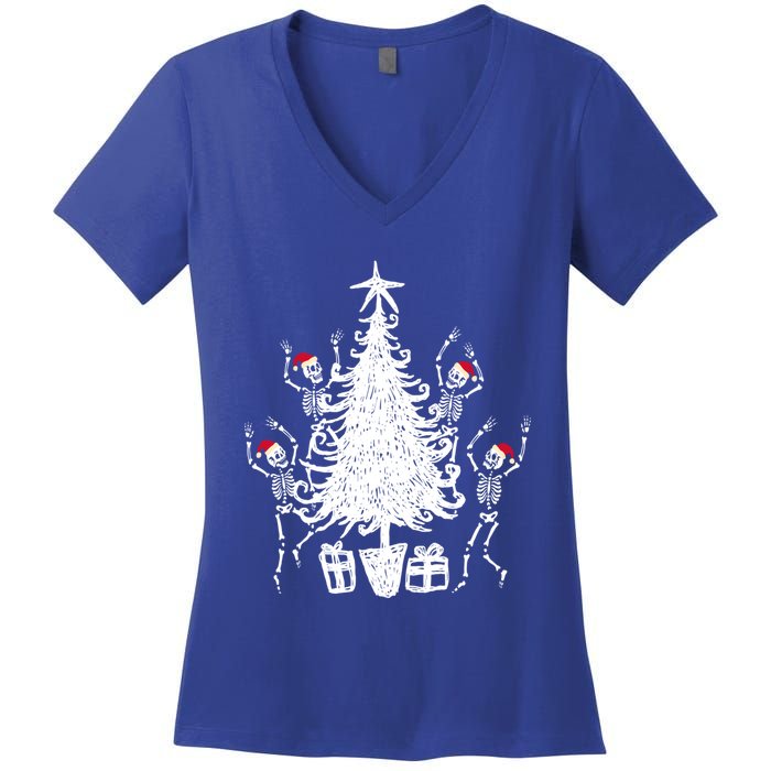 Dancing Christmas Skeletons Funny Spooky Christmas Graphic Gift Women's V-Neck T-Shirt