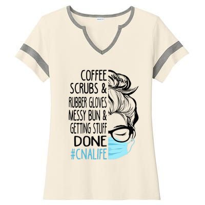 Dy Coffee Scrubs And Rubber Gloves Messy Bun CNA Ladies Halftime Notch Neck Tee