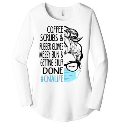 Dy Coffee Scrubs And Rubber Gloves Messy Bun CNA Women's Perfect Tri Tunic Long Sleeve Shirt