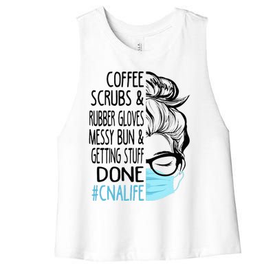 Dy Coffee Scrubs And Rubber Gloves Messy Bun CNA Women's Racerback Cropped Tank