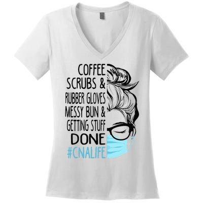 Dy Coffee Scrubs And Rubber Gloves Messy Bun CNA Women's V-Neck T-Shirt