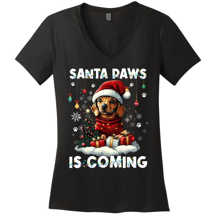 Dachshund Christmas Tree Lights Decorations Dog Lover Xmas Women's V-Neck T-Shirt