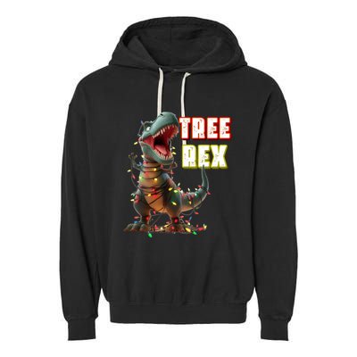 Dinosaur Christmas Tree Rex Xmas Lights Gift Garment-Dyed Fleece Hoodie
