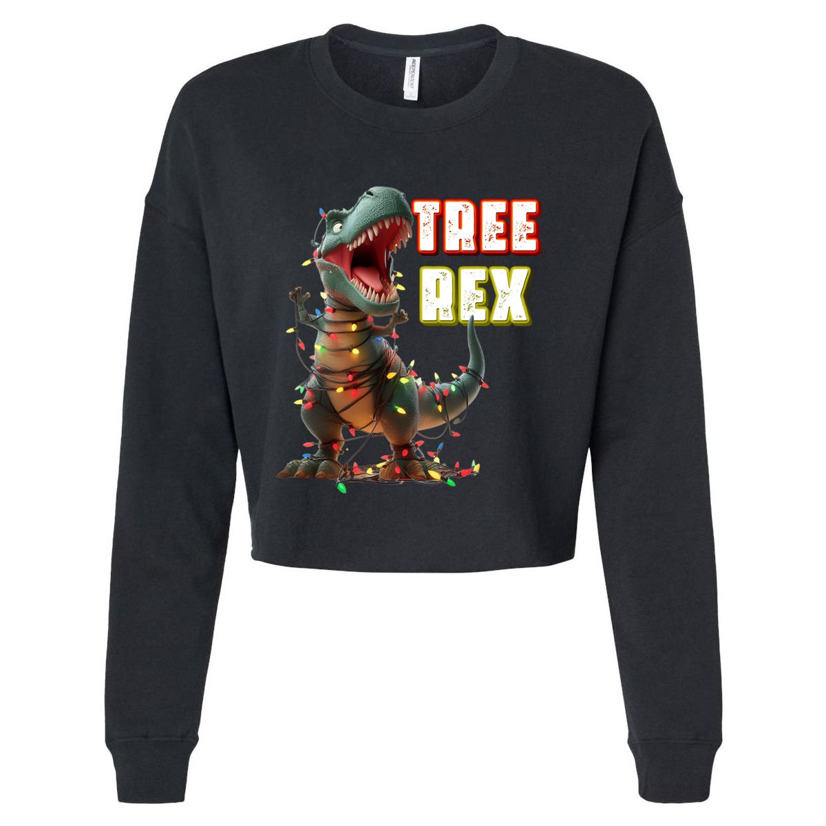 Dinosaur Christmas Tree Rex Xmas Lights Gift Cropped Pullover Crew