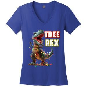 Dinosaur Christmas Tree Rex Xmas Lights Gift Women's V-Neck T-Shirt